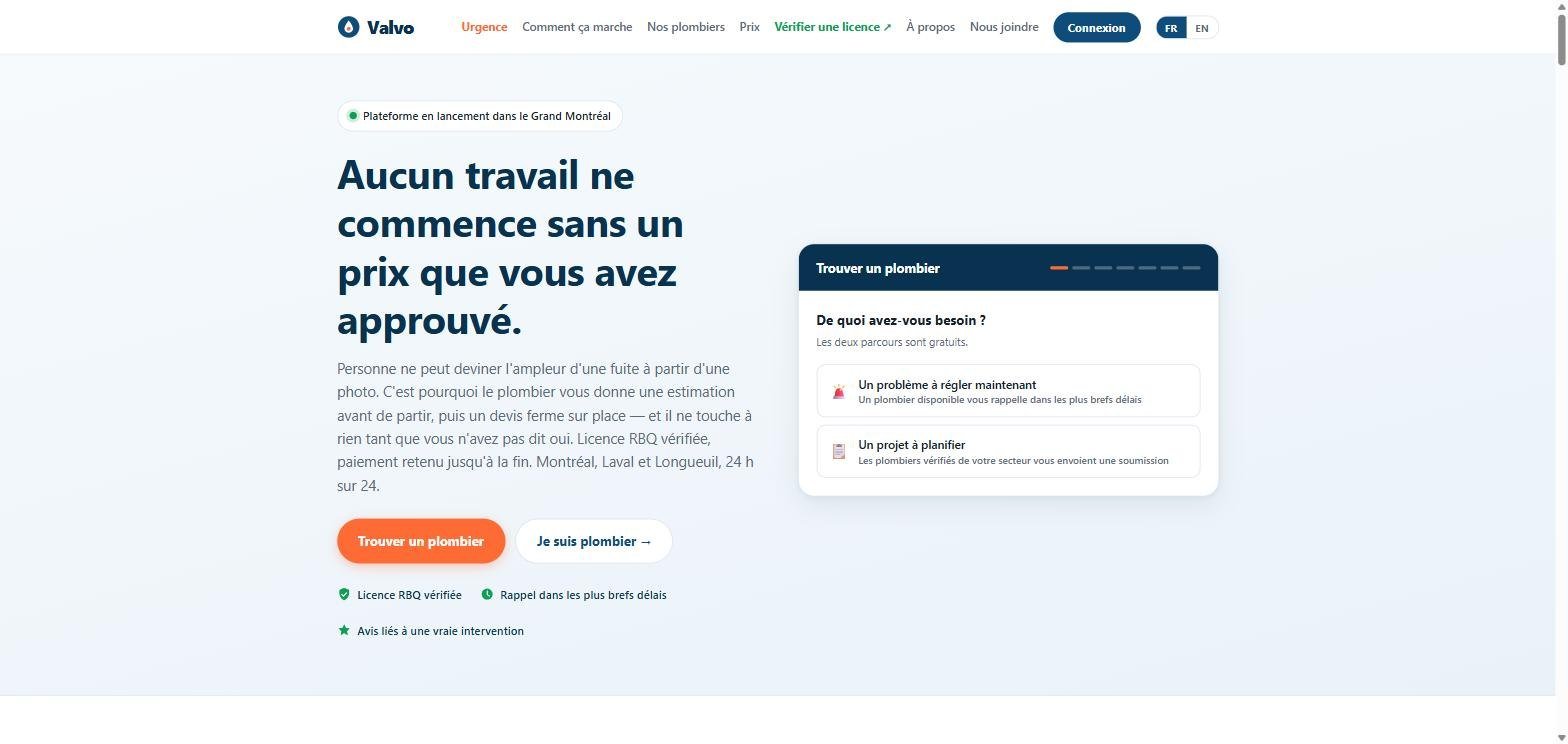 Démo navigable : Valvo, plateforme de mise en relation avec des plombiers vérifiés — page d'accueil